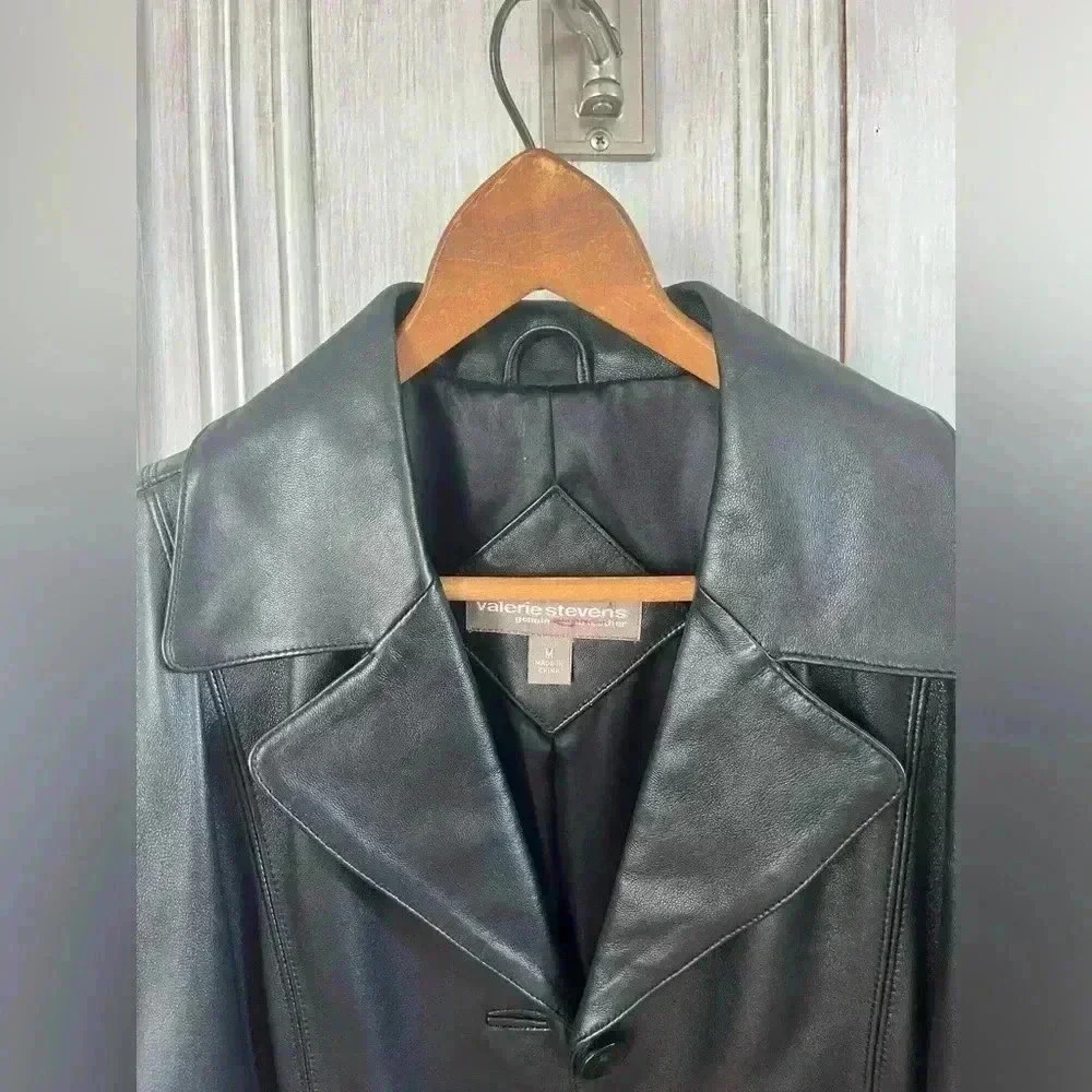 VALERIE STEVENS| Y2K black 100%leather blazer jacket button closure pockets|M - Picture 12 of 16
